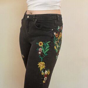 H&M Black Jeans with Embroidered Flowers